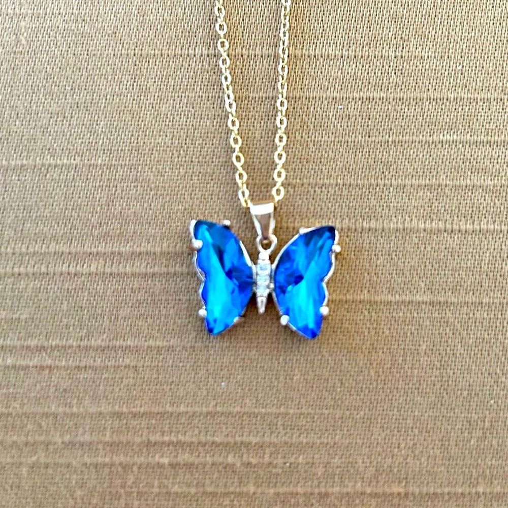 🦋 Blue Iridescent Crystal Butterfly Necklace Gold plated Stainless Steel- New
